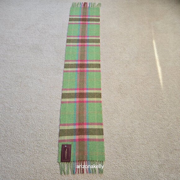 NWT John Hanly Ireland Lambswool Scarf Green & Pink Plaid - Picture 7 of 9